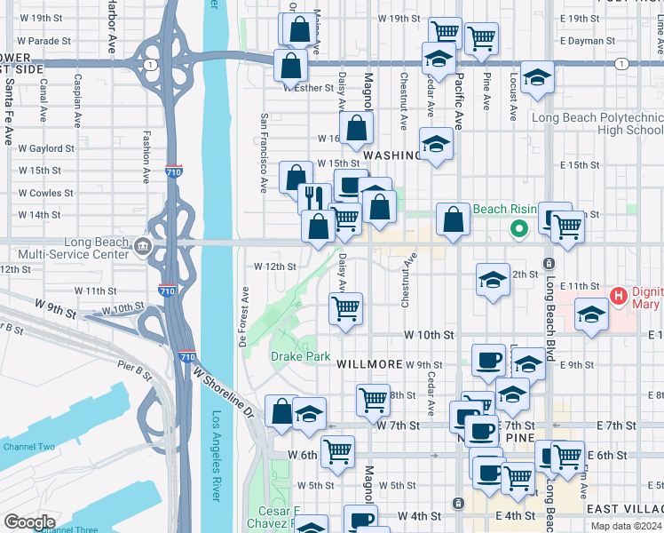 map of restaurants, bars, coffee shops, grocery stores, and more near 1194 North Loma Vista Drive in Long Beach