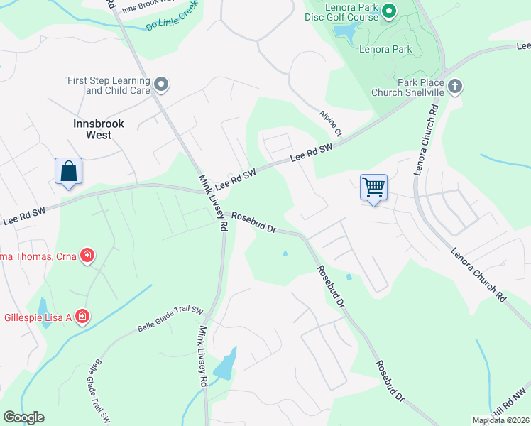 map of restaurants, bars, coffee shops, grocery stores, and more near 4590 Rosebud Drive in Snellville