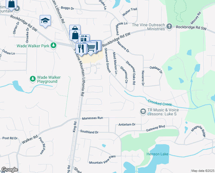 map of restaurants, bars, coffee shops, grocery stores, and more near 557 Old Friar Tuck Lane in Stone Mountain
