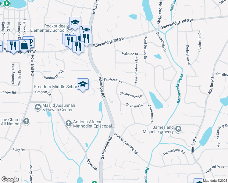 map of restaurants, bars, coffee shops, grocery stores, and more near 561 Candlewood Drive in Stone Mountain