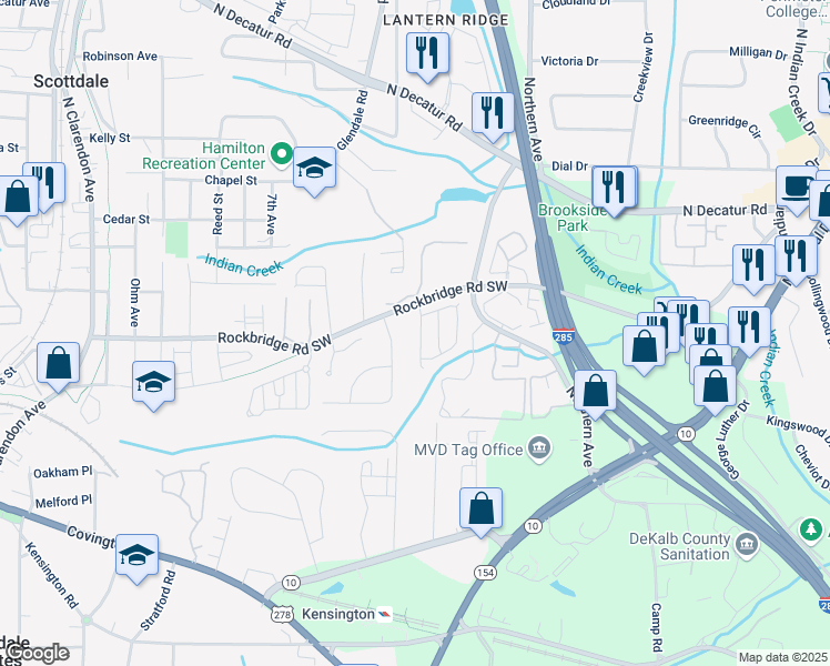 map of restaurants, bars, coffee shops, grocery stores, and more near 431 Kensington Parc Drive in Avondale Estates