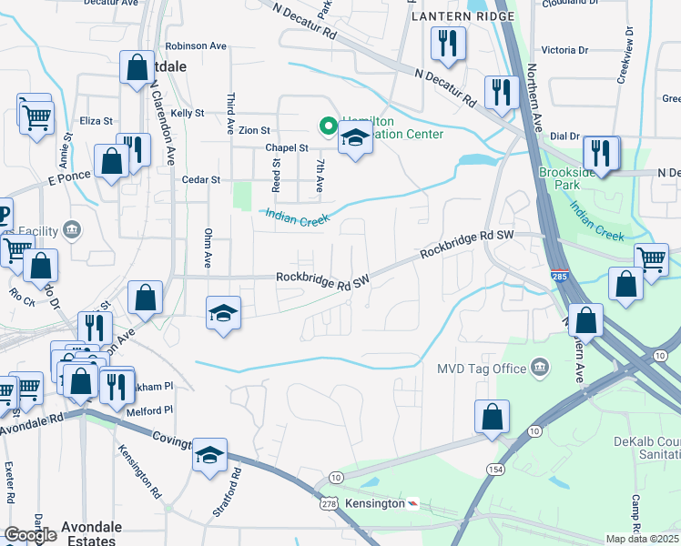 map of restaurants, bars, coffee shops, grocery stores, and more near 219 Cobblestone Trail in Avondale Estates