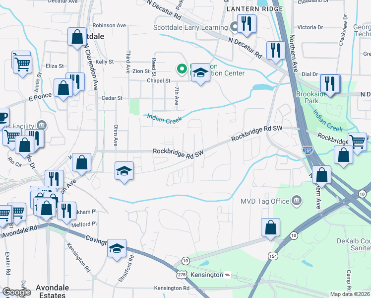 map of restaurants, bars, coffee shops, grocery stores, and more near 213 Cobblestone Trail in Avondale Estates