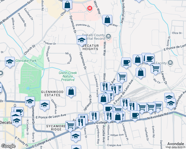 map of restaurants, bars, coffee shops, grocery stores, and more near 639 Sycamore Drive in Decatur