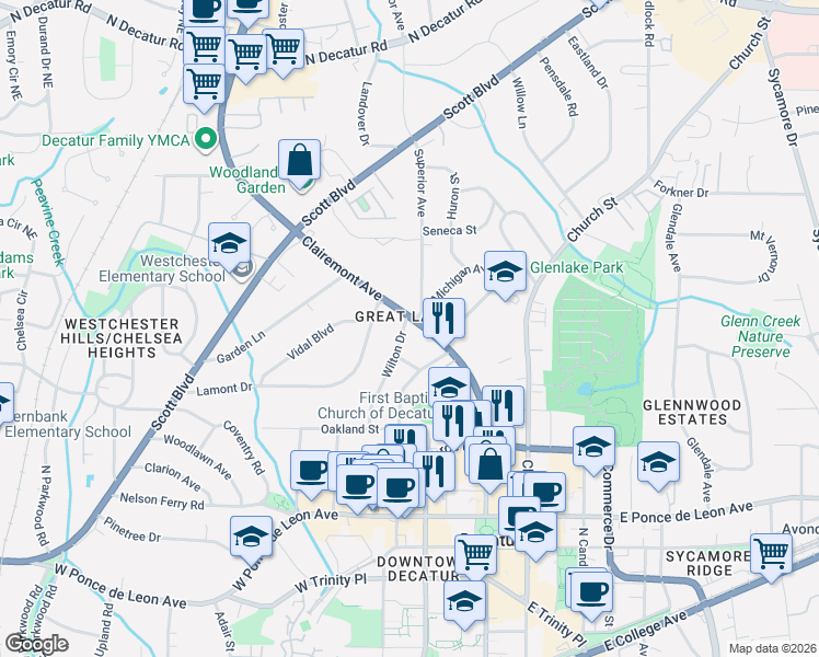 map of restaurants, bars, coffee shops, grocery stores, and more near 122 Wilton Drive in Decatur