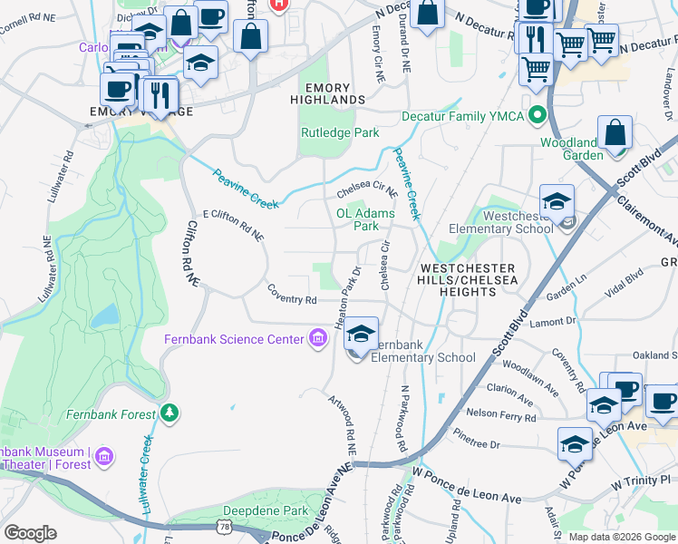map of restaurants, bars, coffee shops, grocery stores, and more near 259 Vickers Drive in Decatur