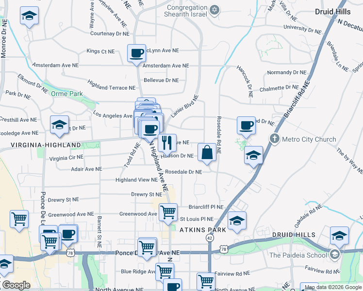map of restaurants, bars, coffee shops, grocery stores, and more near 1093 Virginia Avenue Northeast in Atlanta