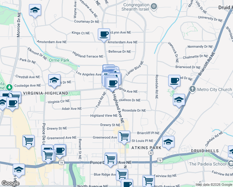 map of restaurants, bars, coffee shops, grocery stores, and more near 982 North Highland Avenue Northeast in Atlanta