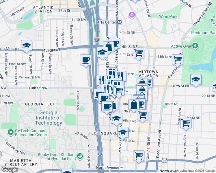 map of restaurants, bars, coffee shops, grocery stores, and more near 26 10th Street Northwest in Atlanta