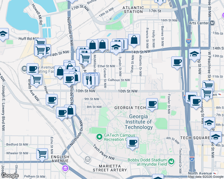 map of restaurants, bars, coffee shops, grocery stores, and more near 454 10th Street Northwest in Atlanta