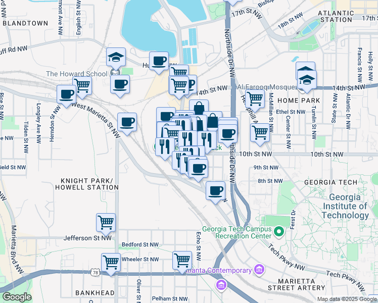 map of restaurants, bars, coffee shops, grocery stores, and more near 980 Howell Mill Road Northwest in Atlanta