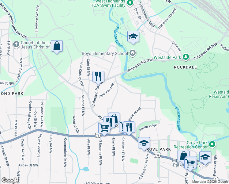 map of restaurants, bars, coffee shops, grocery stores, and more near 977 North Eugenia Place Northwest in Atlanta