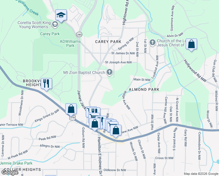 map of restaurants, bars, coffee shops, grocery stores, and more near 2567 Elliott Street Northwest in Atlanta