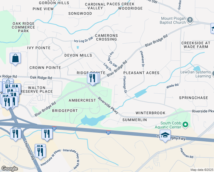 map of restaurants, bars, coffee shops, grocery stores, and more near 7090 Blairs View Drive in Austell