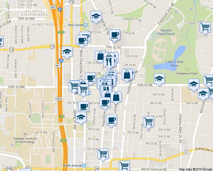 map of restaurants, bars, coffee shops, grocery stores, and more near 99 10th St NE in Atlanta