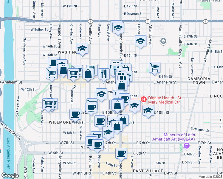 map of restaurants, bars, coffee shops, grocery stores, and more near 209 East 12th Street in Long Beach