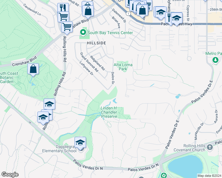 map of restaurants, bars, coffee shops, grocery stores, and more near 26326 Delos Drive in Torrance