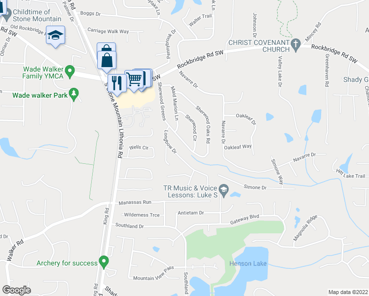 map of restaurants, bars, coffee shops, grocery stores, and more near 555 Sherwood Greens in Stone Mountain