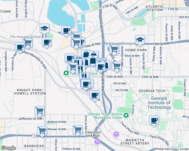 map of restaurants, bars, coffee shops, grocery stores, and more near 1000 Northside Drive Northwest in Atlanta
