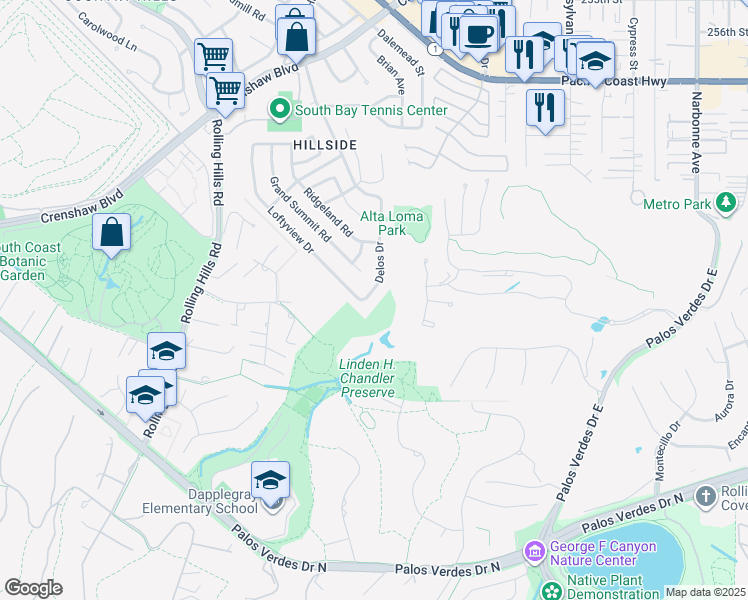 map of restaurants, bars, coffee shops, grocery stores, and more near 26326 Delos Drive in Torrance