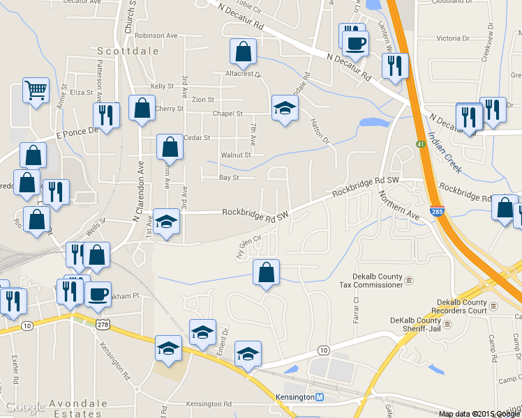 map of restaurants, bars, coffee shops, grocery stores, and more near 213 Cobblestone Trail in Avondale Estates