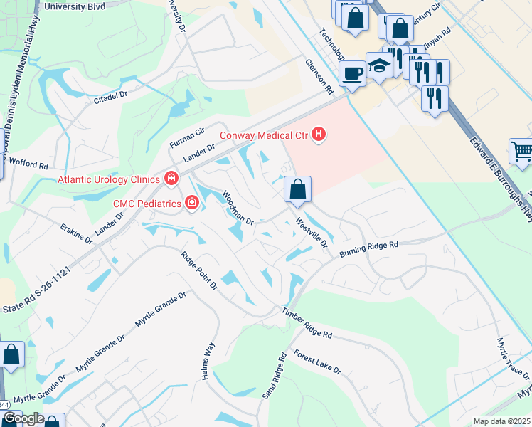 map of restaurants, bars, coffee shops, grocery stores, and more near 300A Myrtle Greens Drive in Conway