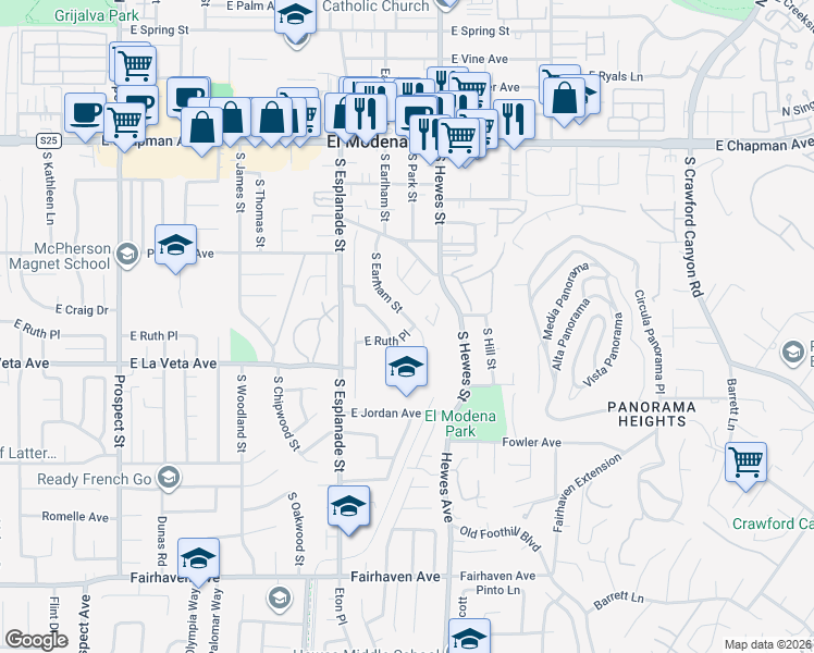 map of restaurants, bars, coffee shops, grocery stores, and more near 428 South Earlham Street in Orange