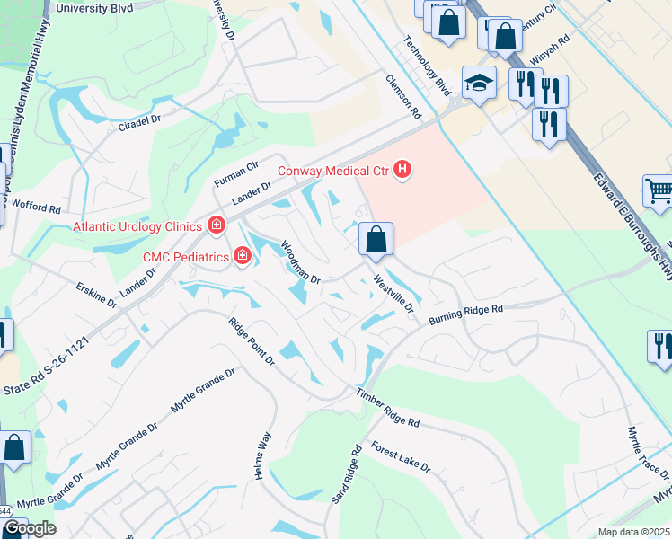 map of restaurants, bars, coffee shops, grocery stores, and more near 300A Myrtle Greens Drive in Conway