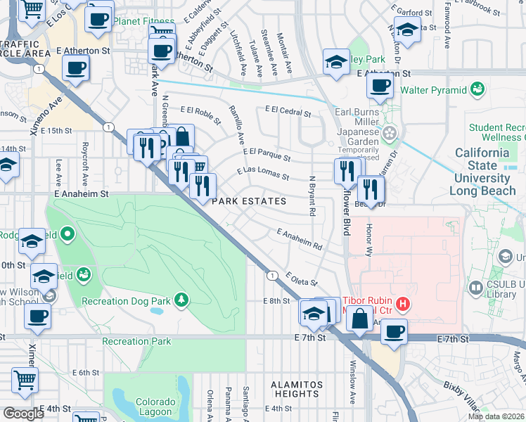 map of restaurants, bars, coffee shops, grocery stores, and more near 5440 East La Pasada Street in Long Beach