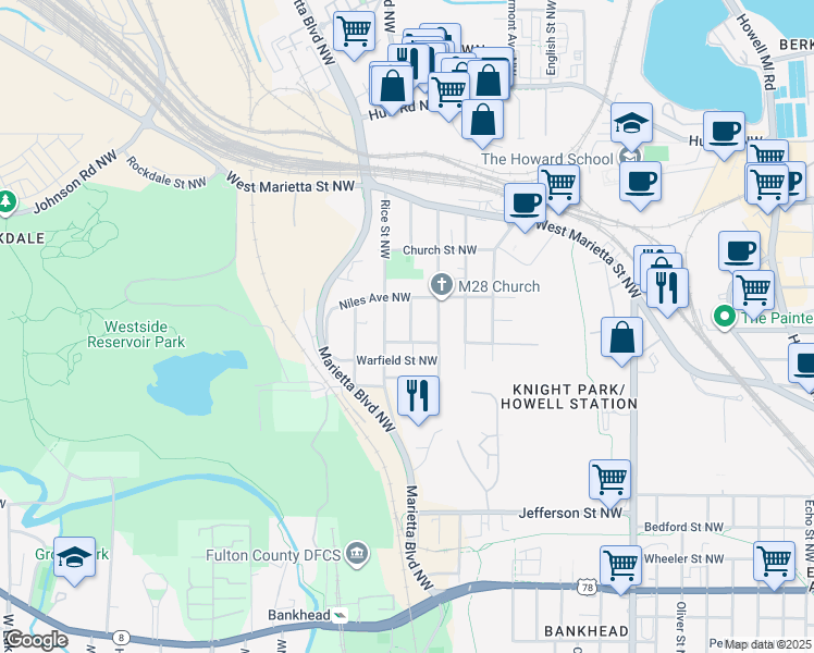 map of restaurants, bars, coffee shops, grocery stores, and more near 976 Carr Street Northwest in Atlanta