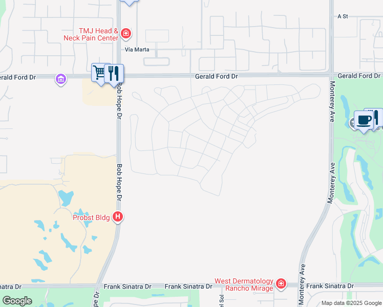 map of restaurants, bars, coffee shops, grocery stores, and more near 31 Sea Holly Road in Rancho Mirage