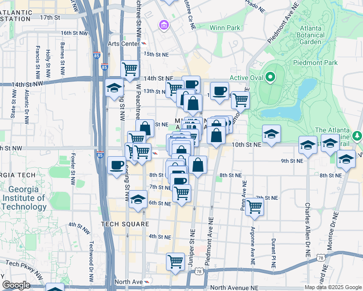 map of restaurants, bars, coffee shops, grocery stores, and more near Peachtree St NE & 10th St NE in Atlanta