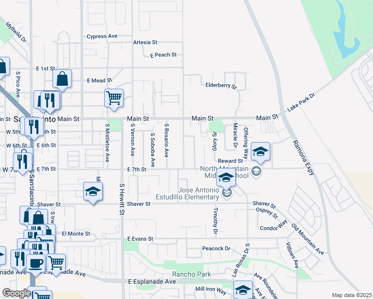 map of restaurants, bars, coffee shops, grocery stores, and more near 611 South Camino los Banos in San Jacinto