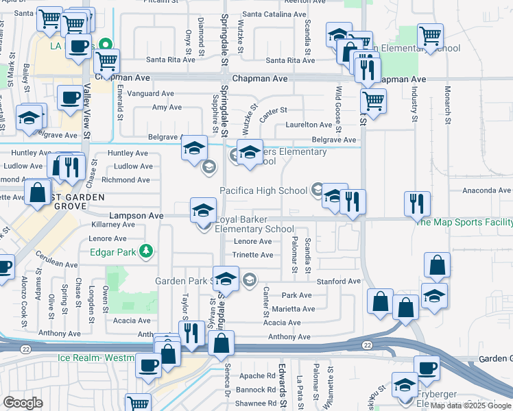 map of restaurants, bars, coffee shops, grocery stores, and more near 6611 Pickett Avenue in Garden Grove