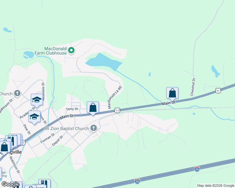 map of restaurants, bars, coffee shops, grocery stores, and more near 174 Macdonald Lake Road in Springville