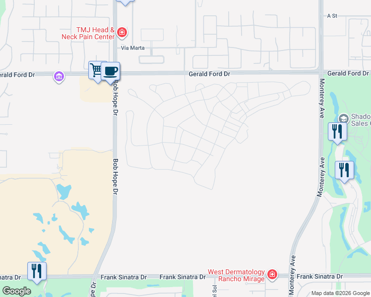 map of restaurants, bars, coffee shops, grocery stores, and more near 31 Sea Holly Road in Rancho Mirage