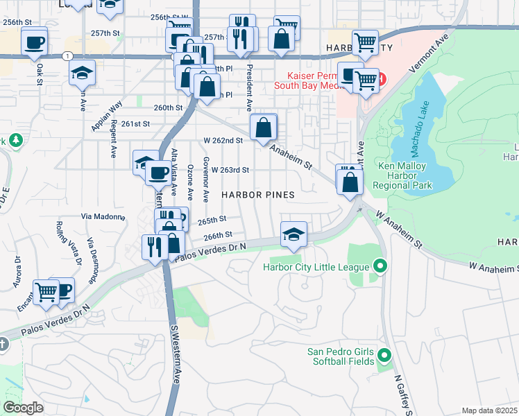 map of restaurants, bars, coffee shops, grocery stores, and more near 26430 President Avenue in Los Angeles