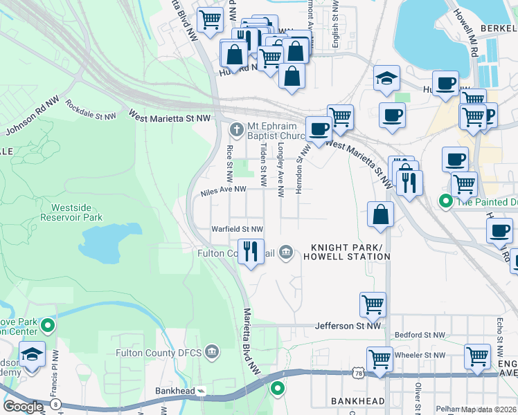 map of restaurants, bars, coffee shops, grocery stores, and more near 971 Carr Street Northwest in Atlanta