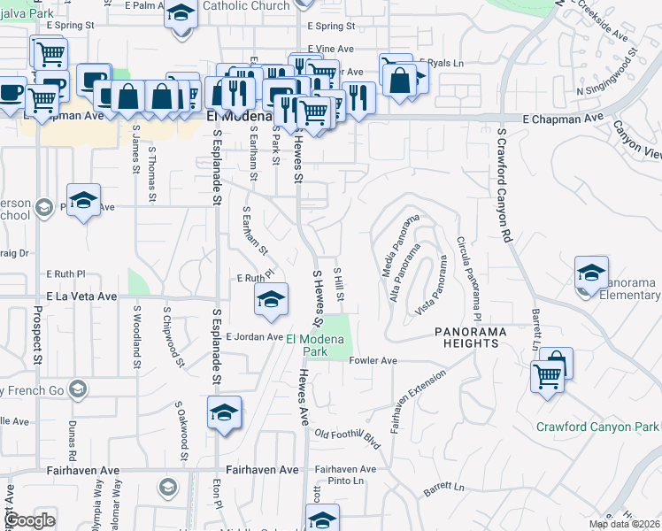 map of restaurants, bars, coffee shops, grocery stores, and more near 420 South Hill Street in Orange