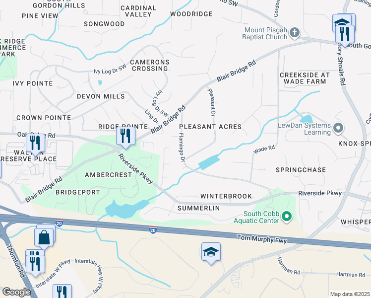 map of restaurants, bars, coffee shops, grocery stores, and more near 1180 Flamingo Drive in Austell