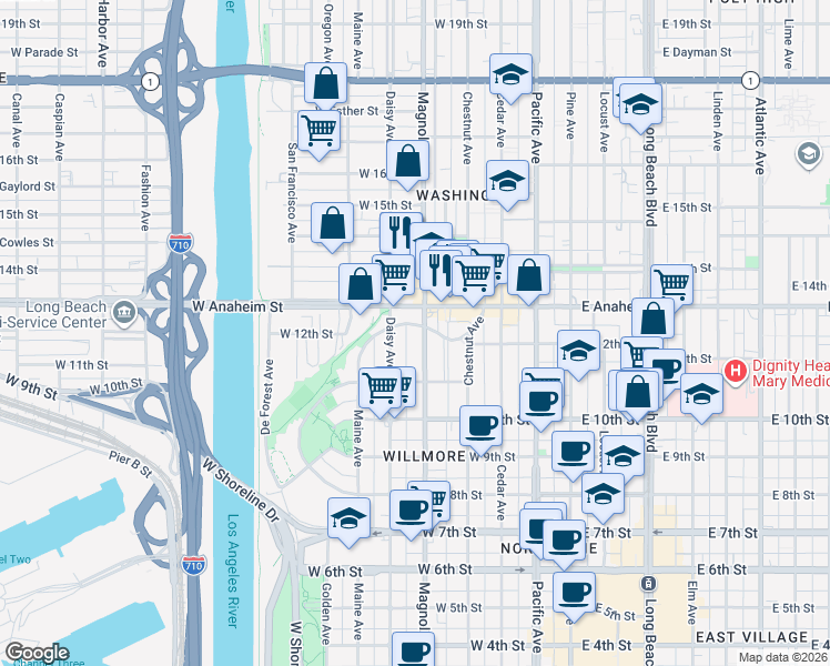 map of restaurants, bars, coffee shops, grocery stores, and more near 1211 Magnolia Avenue in Long Beach