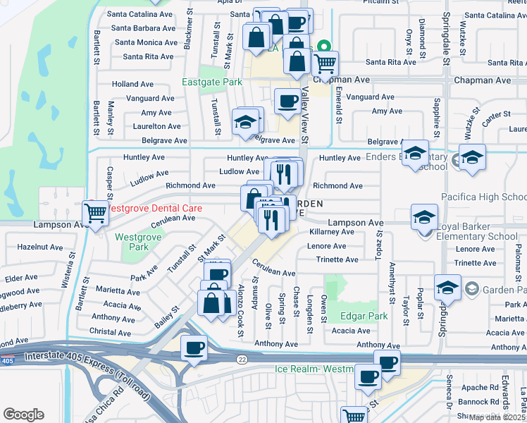 map of restaurants, bars, coffee shops, grocery stores, and more near 12431 Valley View Street in Garden Grove