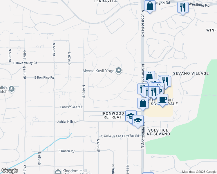 map of restaurants, bars, coffee shops, grocery stores, and more near 32675 North 70th Street in Scottsdale