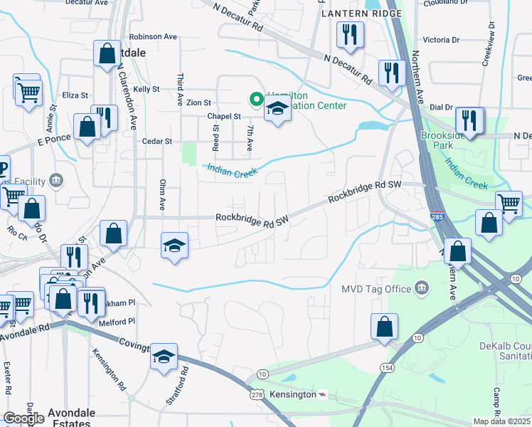 map of restaurants, bars, coffee shops, grocery stores, and more near 219 Cobblestone Trail in Avondale Estates