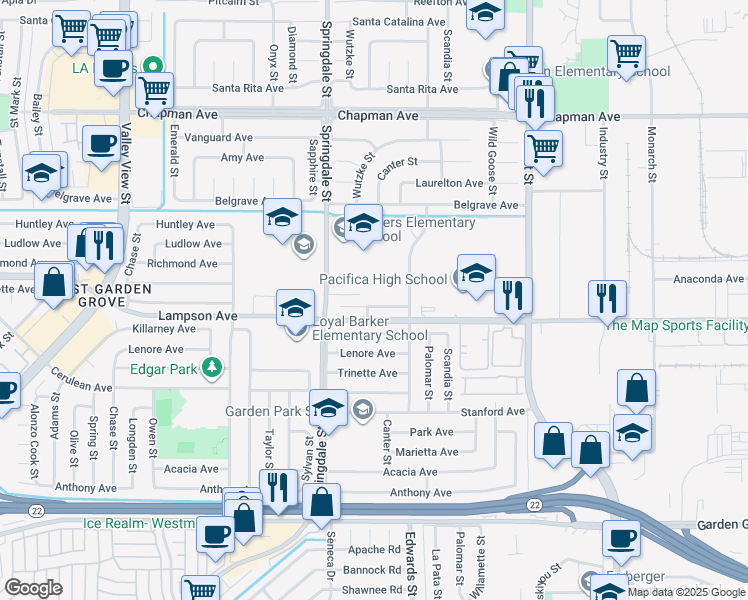 map of restaurants, bars, coffee shops, grocery stores, and more near 6611 Pickett Avenue in Garden Grove