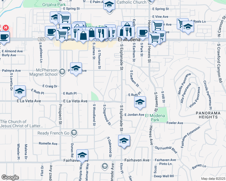 map of restaurants, bars, coffee shops, grocery stores, and more near 435 South Estate Drive in Orange
