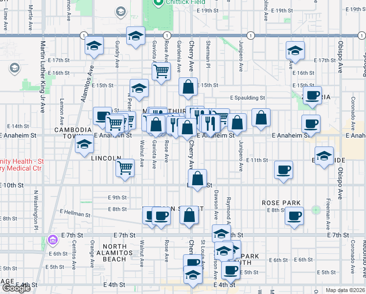 map of restaurants, bars, coffee shops, grocery stores, and more near 1138 Gardenia Avenue in Long Beach