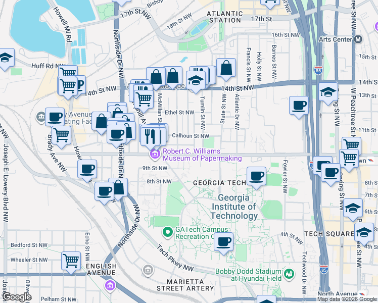 map of restaurants, bars, coffee shops, grocery stores, and more near 454 10th Street Northwest in Atlanta