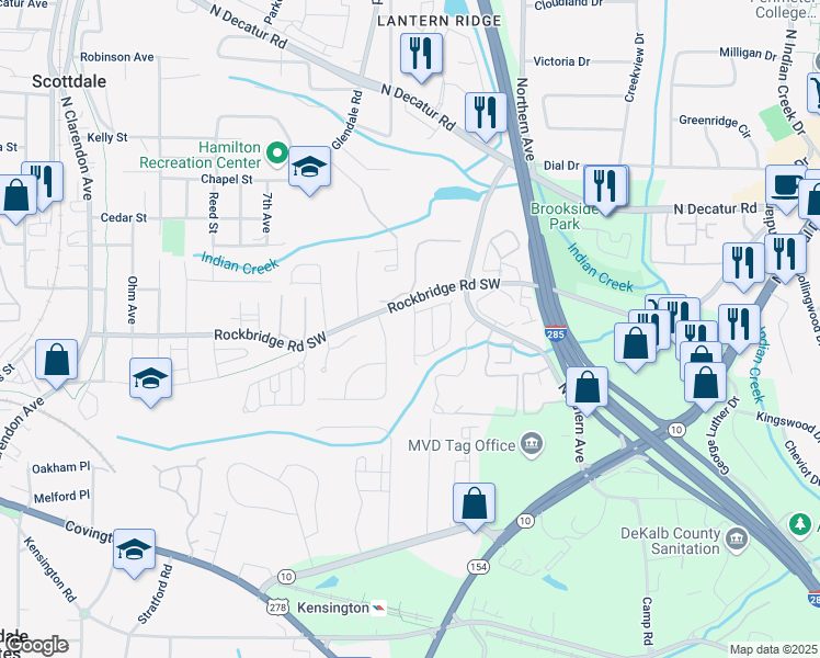 map of restaurants, bars, coffee shops, grocery stores, and more near 431 Kensington Parc Drive in Avondale Estates