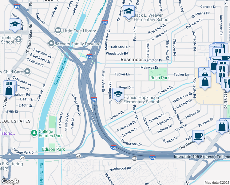 map of restaurants, bars, coffee shops, grocery stores, and more near 12461 Wembley Road in Los Alamitos